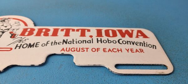 Vintage Hobo Convention Sign Topper Iowa Gas Porcelain License Plate Topper