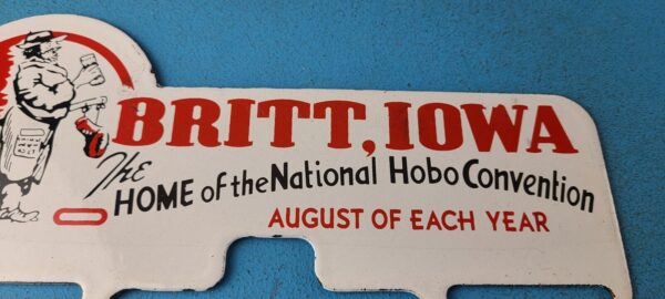 Vintage Hobo Convention Sign Topper Iowa Gas Porcelain License Plate Topper