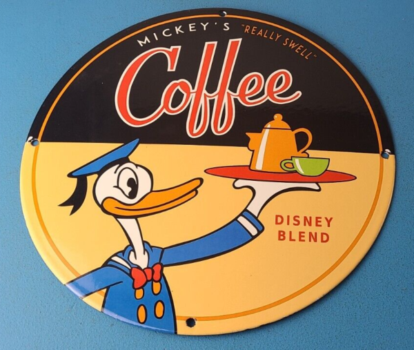 Vintage Mickeys Coffee Sign Disney Blend Donald Advertising Gas Oil Pump Sign 305792922125