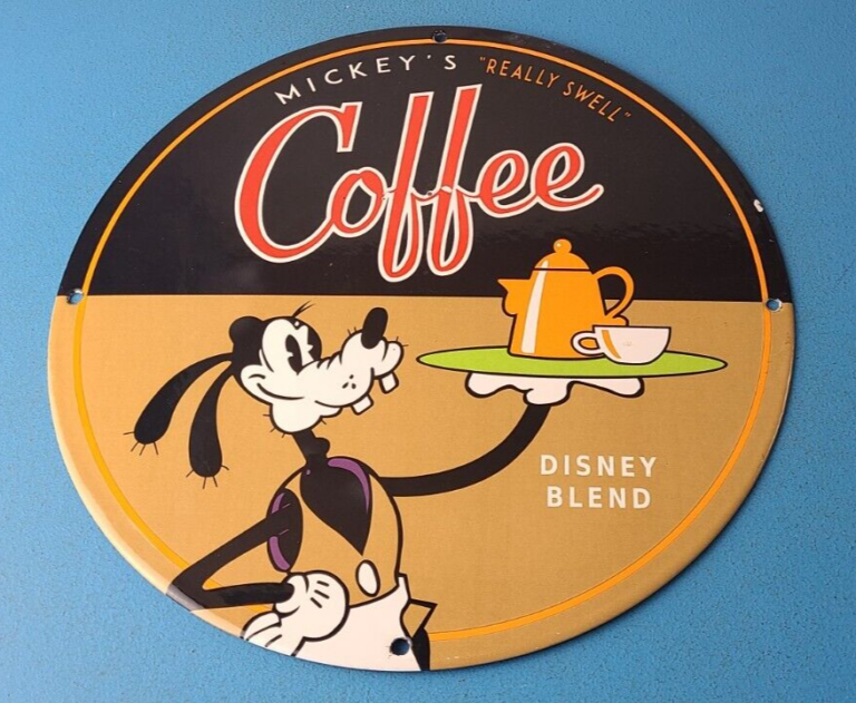 Vintage Mickeys Coffee Sign Disney Blend Goofy Advertising Gas Oil Pump Sign 306059808805