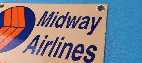 Vintage Midway Airlines Sign Aviation Airplane Gas Pump Porcelain Sign