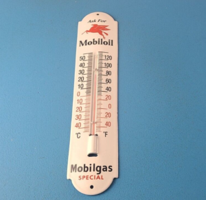 Vintage Mobil Gas Sign Service Station Pump Ad Sign on Porcelain Thermometer 305895618655