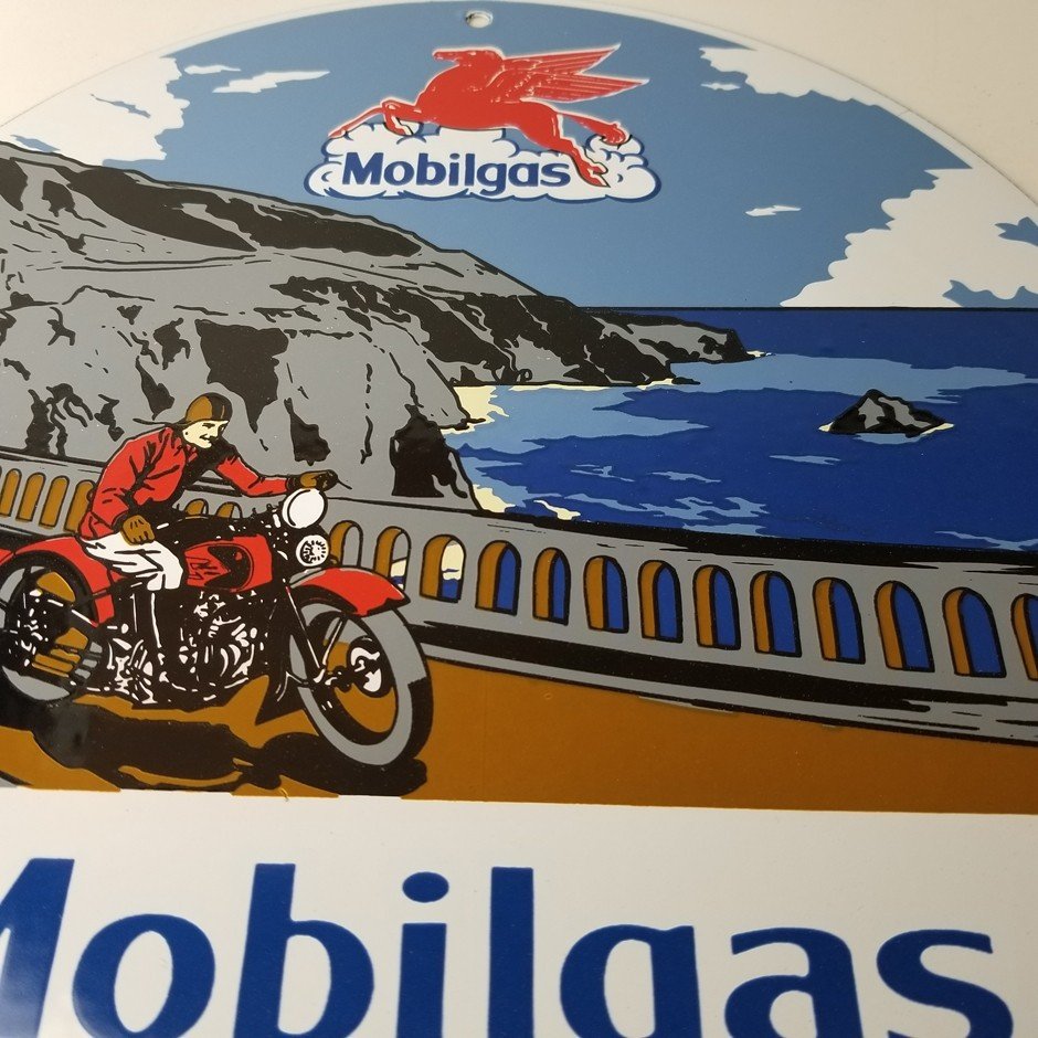 Vintage Mobil Gasoline Sign - Motorcycle Gas Pump Plate Porcelain Sign - Image 12