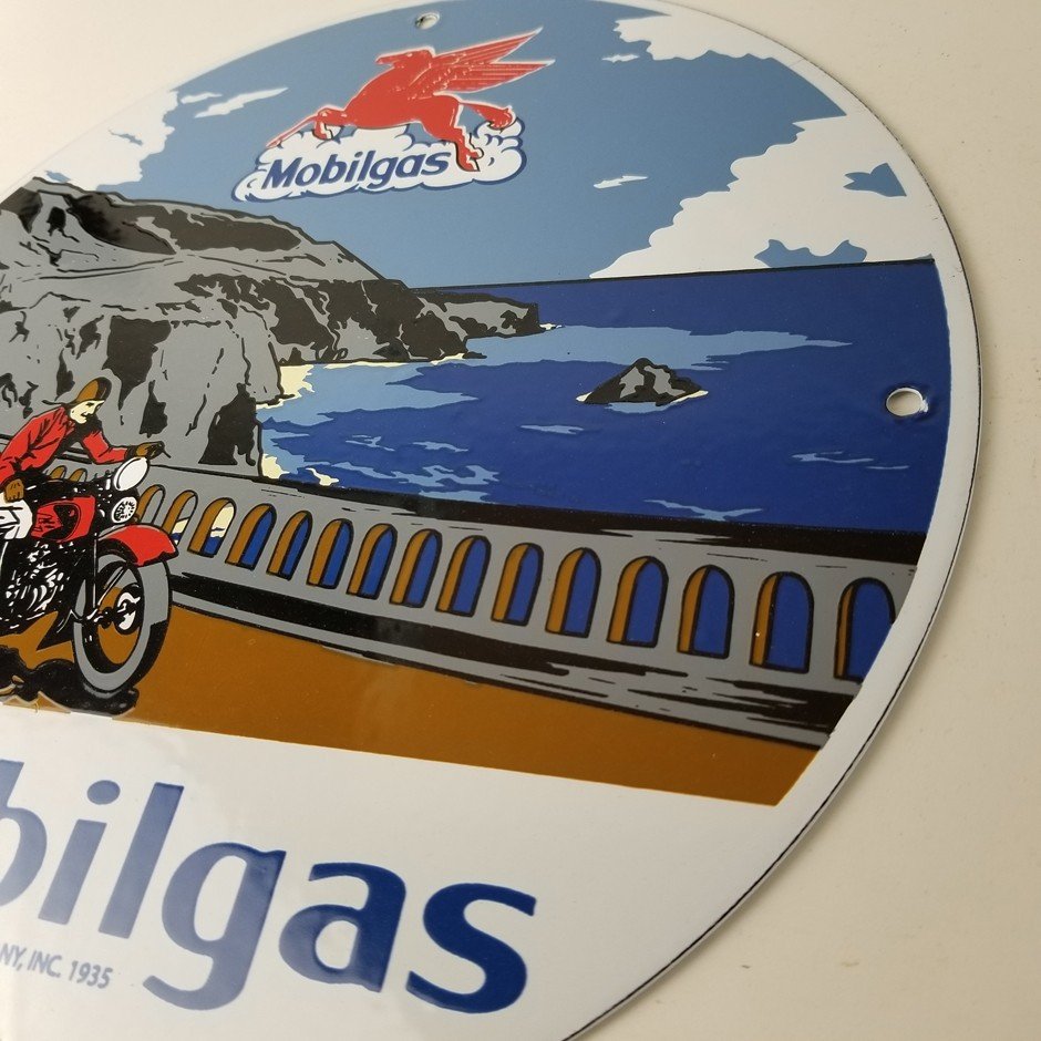 Vintage Mobil Gasoline Sign - Motorcycle Gas Pump Plate Porcelain Sign - Image 9
