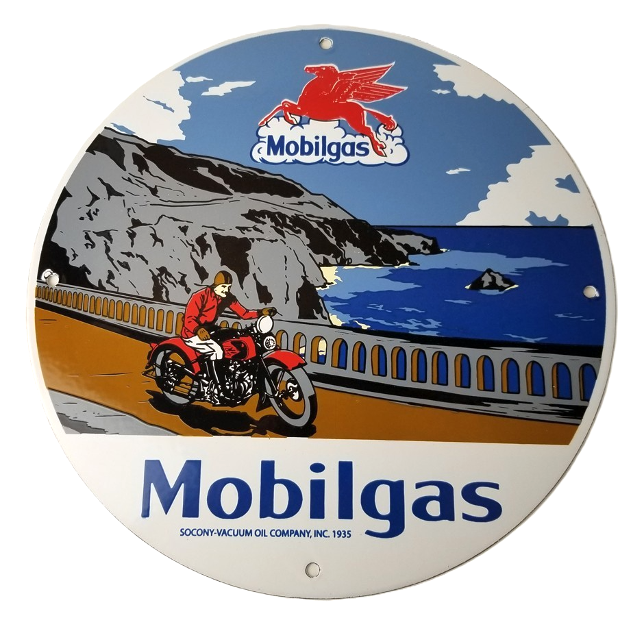 Vintage Mobil Gasoline Sign - Motorcycle Gas Pump Plate Porcelain Sign