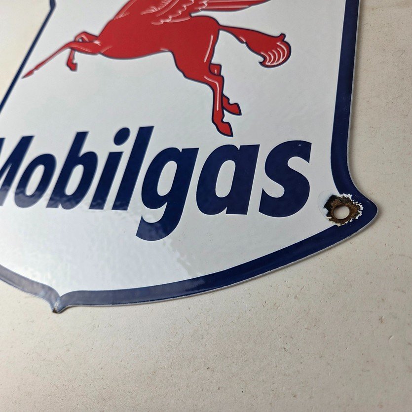 Vintage Mobilgas Sign - Porcelain Mobil Gasoline Pegasus Shield Gas Pump Sign - Image 14