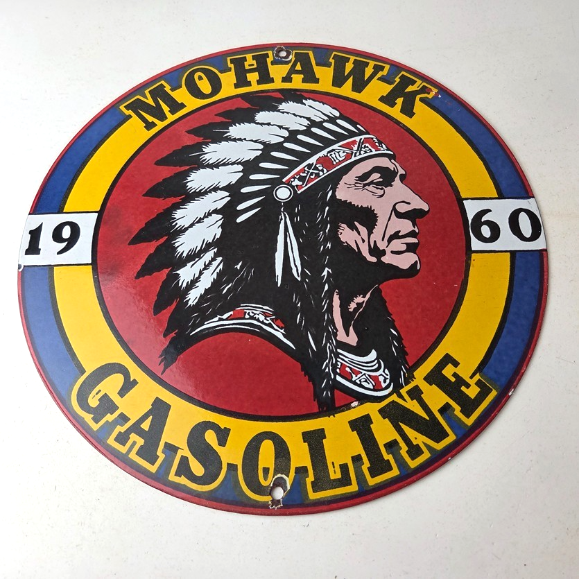 Vintage Mohawk Gasoline Sign - Gas Porcelain Service Native American Indian Sign - Image 15