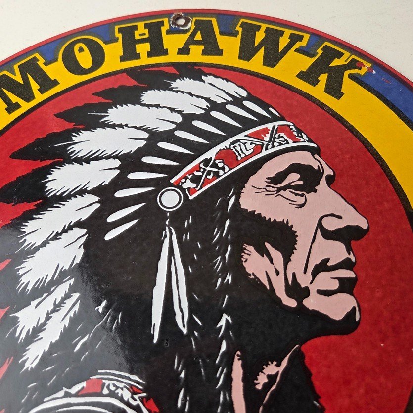 Vintage Mohawk Gasoline Sign - Gas Porcelain Service Native American Indian Sign - Image 3