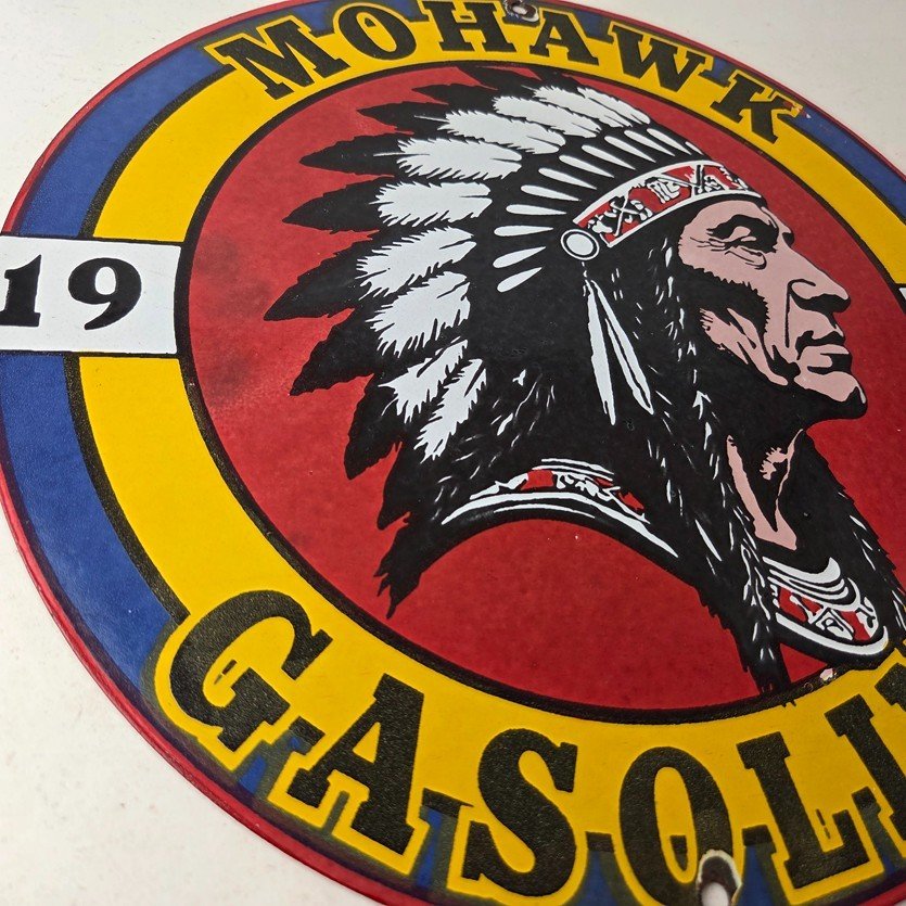 Vintage Mohawk Gasoline Sign - Gas Porcelain Service Native American Indian Sign - Image 6