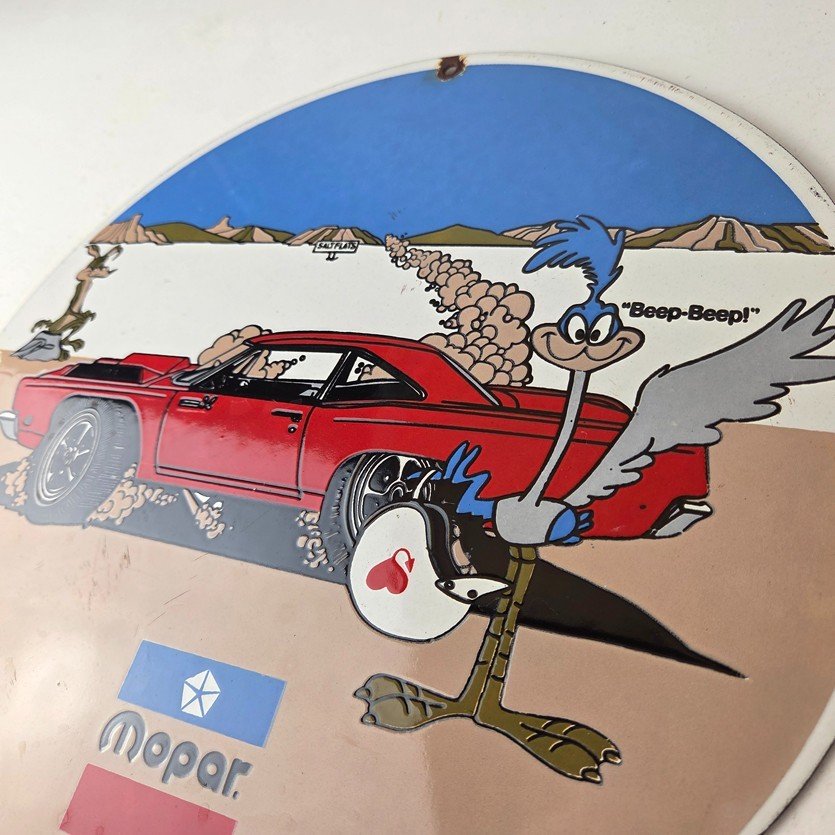 Vintage Mopar Plymouth Porcelain Sign - Road Runner Auto Shop Gas Station Sign - Image 12