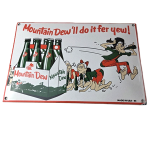 Vintage Mountain Dew Porcelain - Hillbilly Gas Pump Soda Bottles Cola Sign