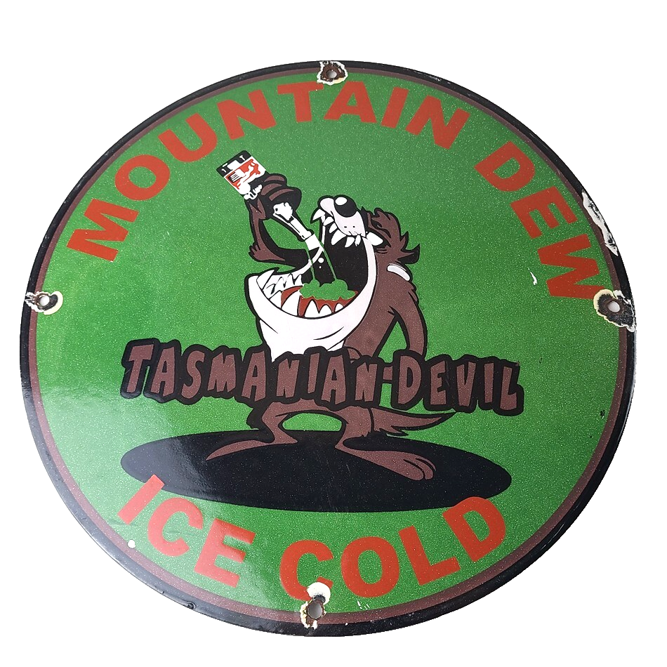 Vintage Mountain Dew Sign - Ice Cold Gas Service Pump Soda Bottle Porcelain Sign