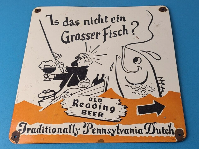 Vintage Old Reading Beer Sign Adult Drink Fishing Gas Pump Porcelain Sign 306079959995