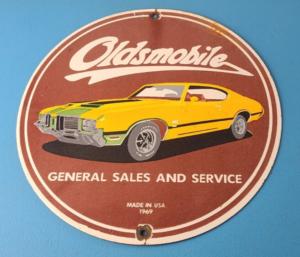 Vintage Oldsmobile General Sales Sign Gas Pump Automobiles Porcelain Sign 305880548795