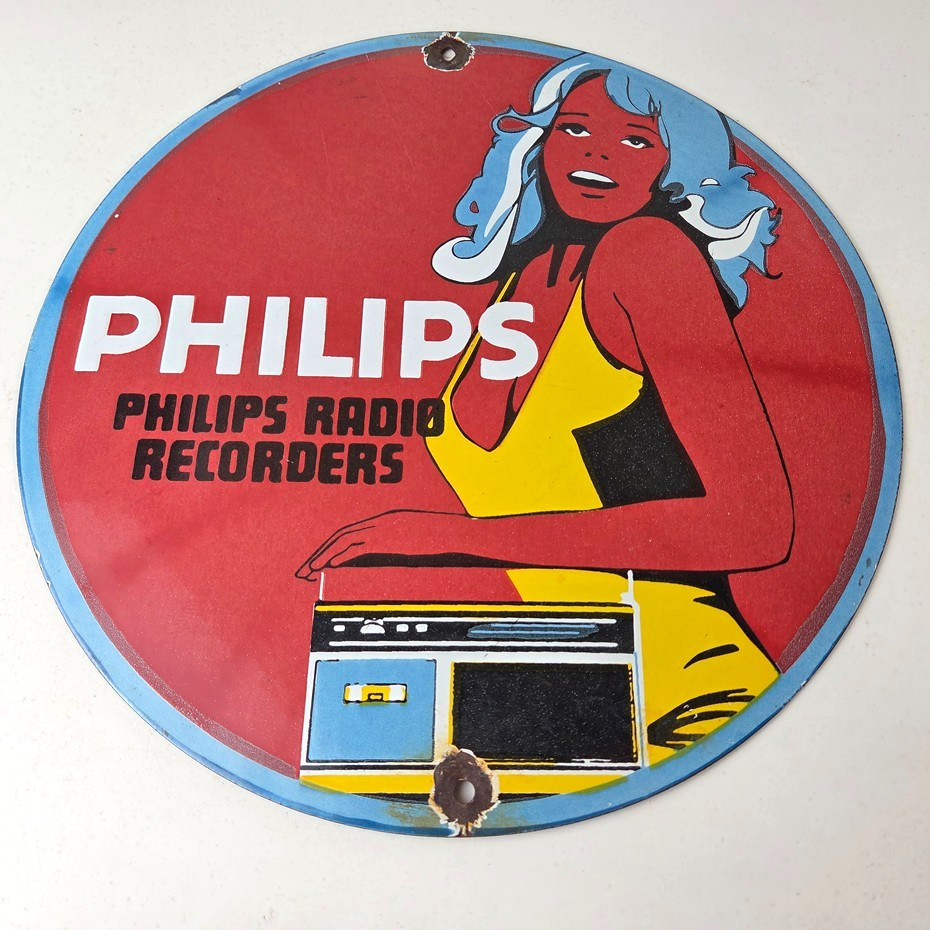 Vintage Philips Radio Sign - Stereo Recorder Porcelain Gas Service Sales Sign - Image 15