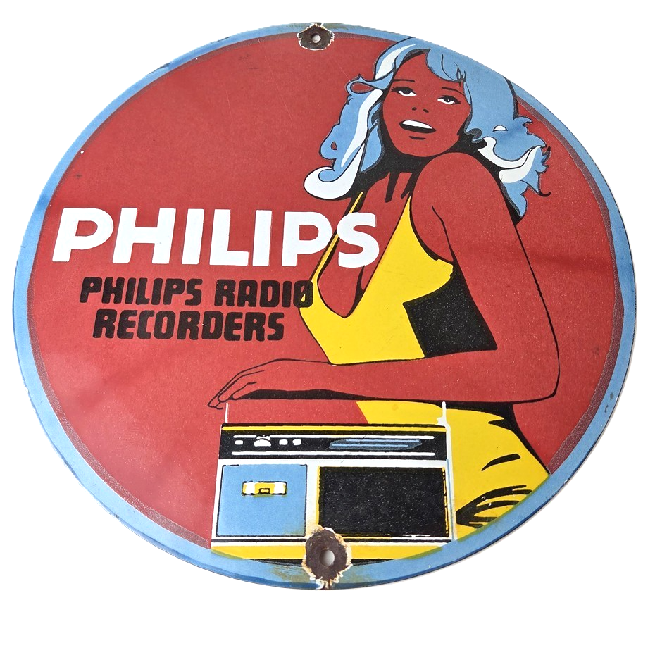 Vintage Philips Radio Sign - Stereo Recorder Porcelain Gas Service Sales Sign