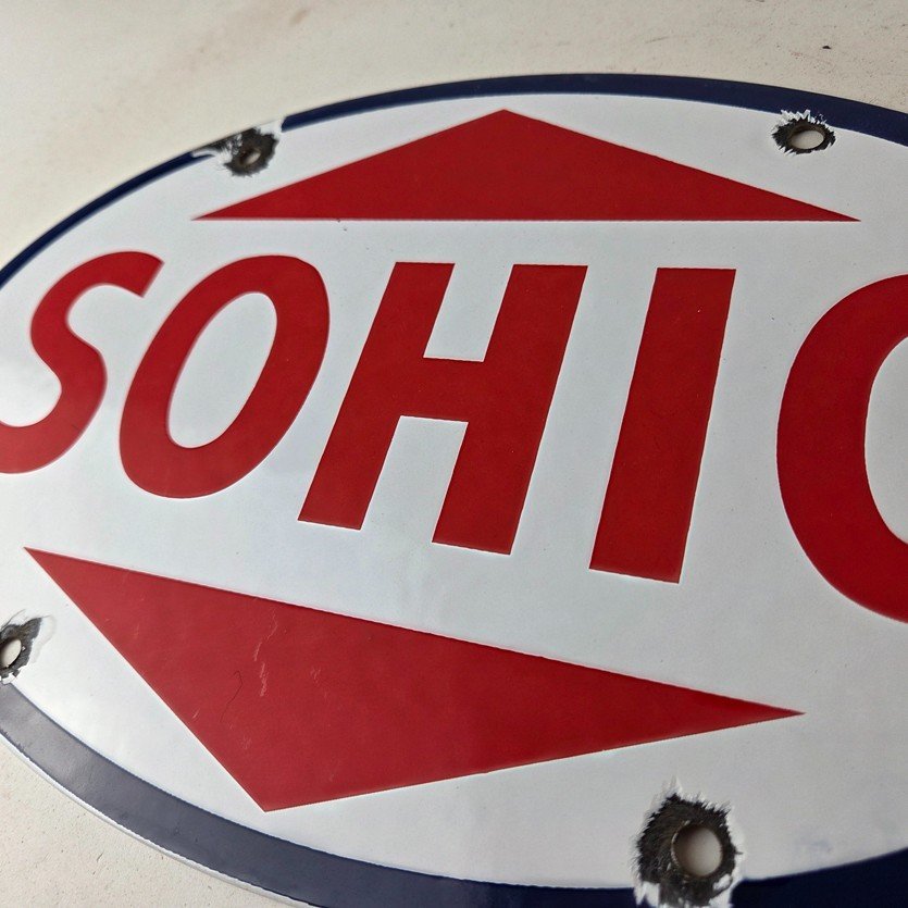 Vintage Porcelain Gasoline Sign - Sohio Gas Motor Oil Service Ohio Pump Sign - Image 12