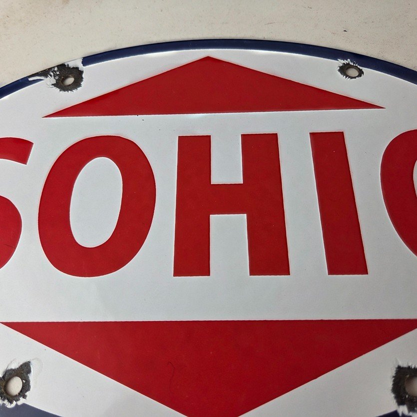 Vintage Porcelain Gasoline Sign - Sohio Gas Motor Oil Service Ohio Pump Sign - Image 3