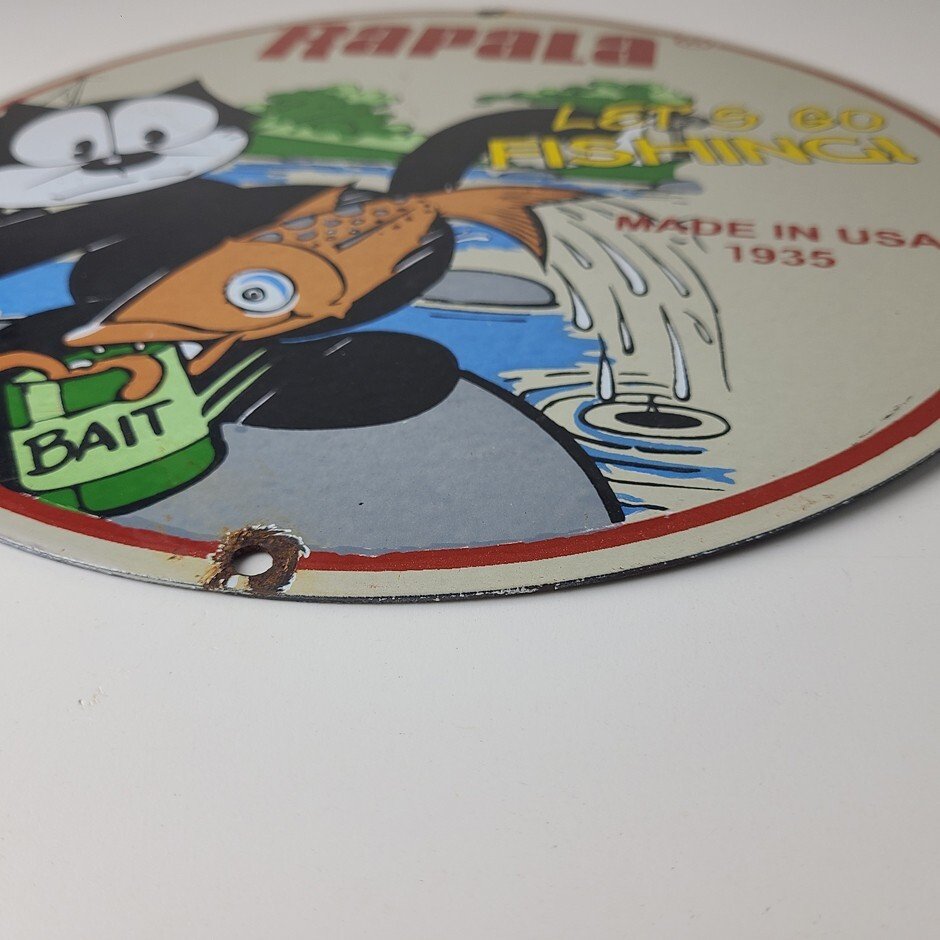 Vintage Rapala Fishing Lures Sign - Felix the Cat Porcelain Gas Pump Plate Sign - Image 11