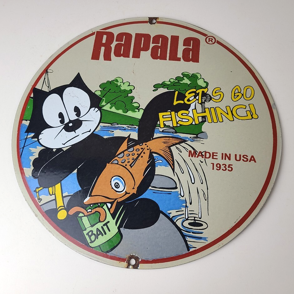 Vintage Rapala Fishing Lures Sign - Felix the Cat Porcelain Gas Pump Plate Sign - Image 12