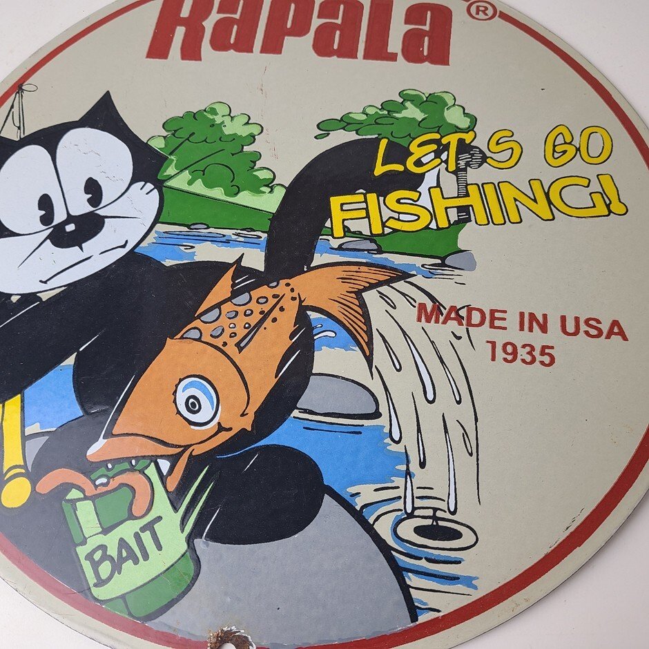Vintage Rapala Fishing Lures Sign - Felix the Cat Porcelain Gas Pump Plate Sign - Image 4