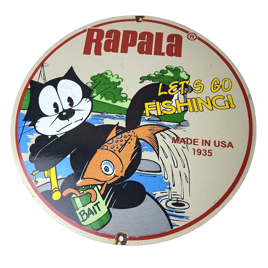 Vintage Rapala Fishing Lures Sign - Felix the Cat Porcelain Gas Pump Plate Sign