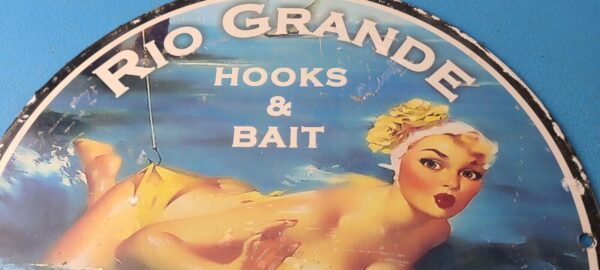 Vintage Rio Grande Sign Hooks Bait Tackle Lures Fish Minnow Gas Pump Sign 305639835505 2