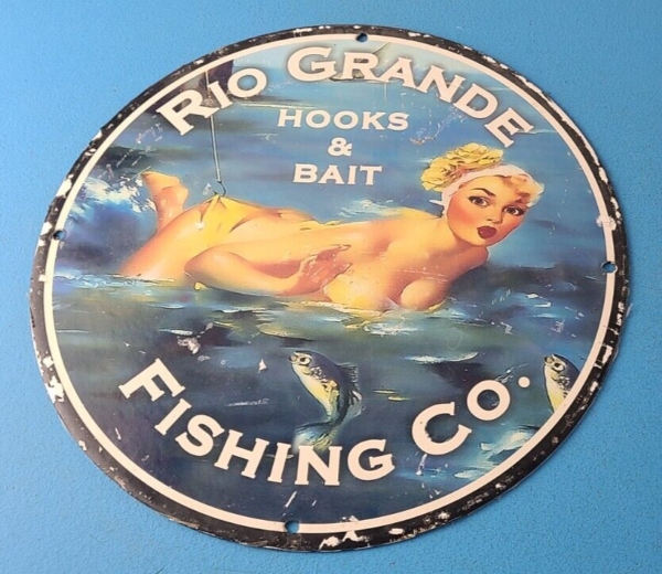 Vintage Rio Grande Sign Hooks Bait Tackle Lures Fish Minnow Gas Pump Sign 305639835505