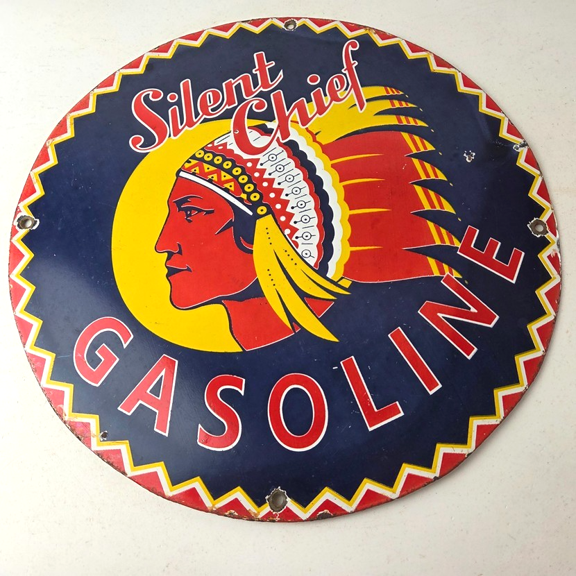 Vintage Silent Chief Gasoline Sign - Gas Service Station Pump Porcelain 12" Sign - Image 15