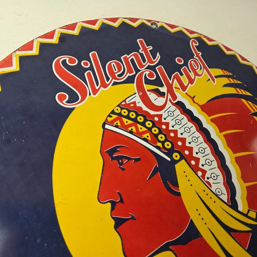 Vintage Silent Chief Gasoline Sign - Gas Service Station Pump Porcelain 12" Sign - Image 5