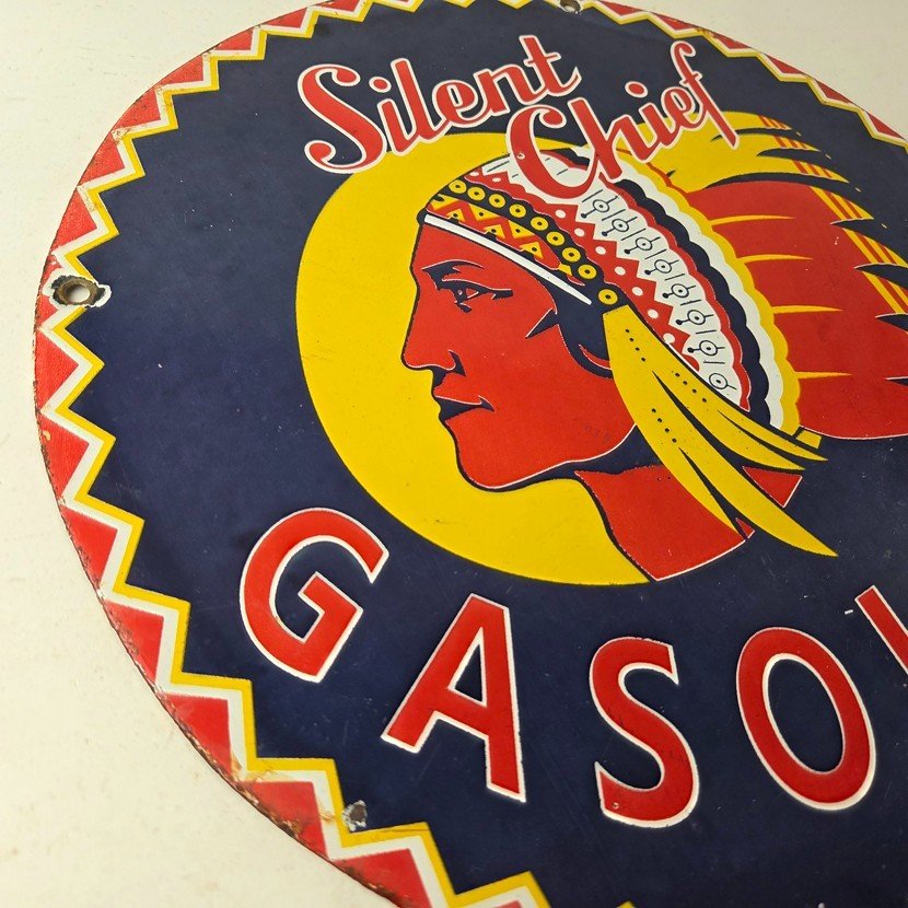 Vintage Silent Chief Gasoline Sign - Gas Service Station Pump Porcelain 12" Sign - Image 6