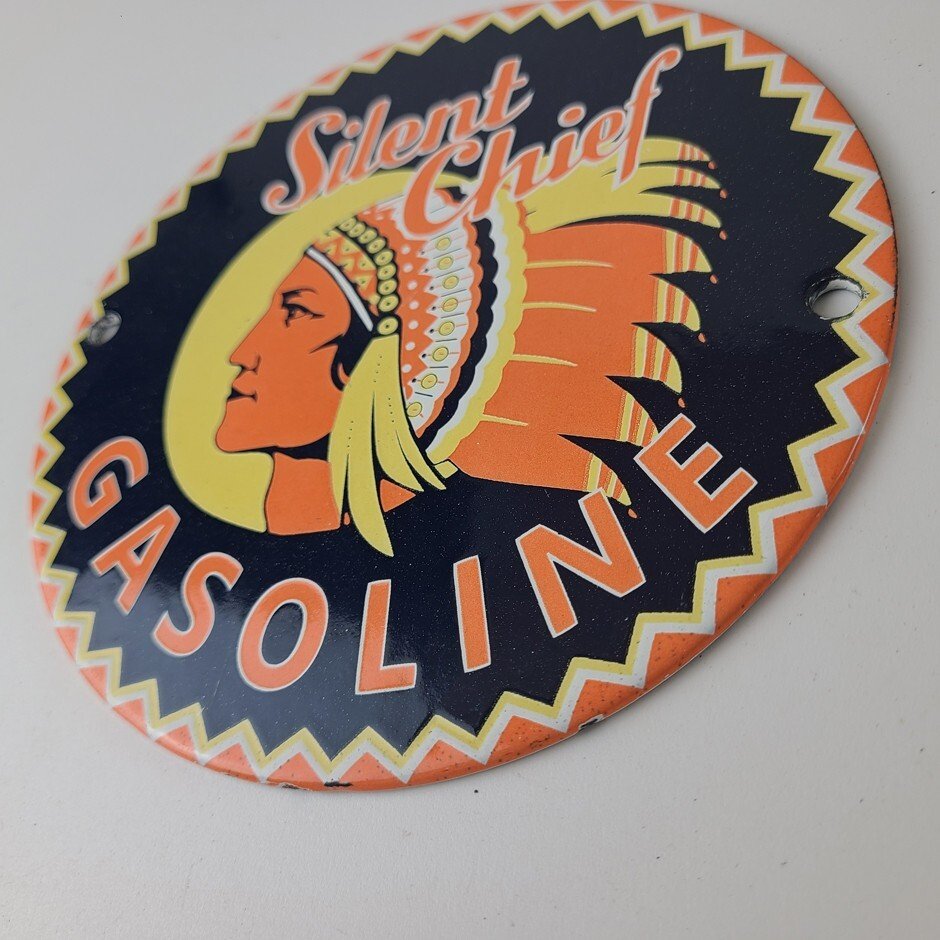 Vintage Silent Chief Gasoline Sign - Gas Service Station Pump Porcelain Sign - Image 9