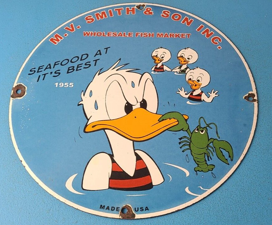Vintage Smith & Son Sign - Fish Market Seafood Porcelain Gas Pump Sign
