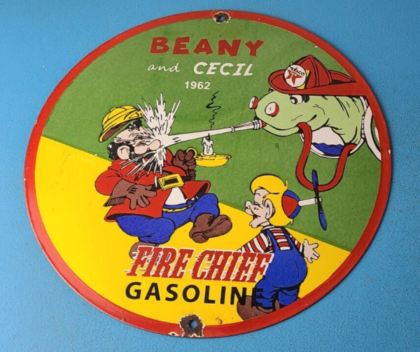 Vintage Texaco Gasoline Sign Gas Pump Plate Porcelain Beany Cecil Cartoon Sign 305778731395