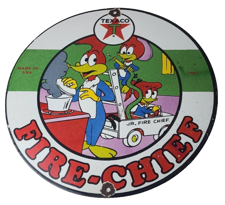 Vintage Texaco Gasoline Sign - Porcelain Woody Fire Chief Gas Station Pump Sign