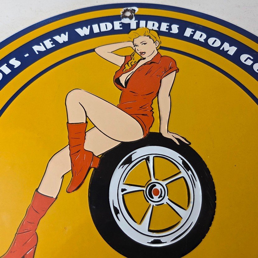 Vintage Tires Sign - Pinup Girl Sign Gas Motor Oil Pump Porcelain Sign - Image 3