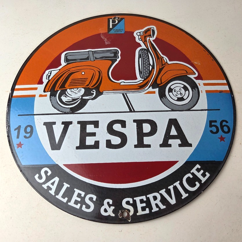 Vintage Vespa Sign - Gas Bike Motorcycle Pump Service Porcelain Sign - Image 15
