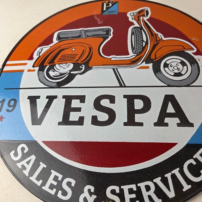 Vintage Vespa Sign - Gas Bike Motorcycle Pump Service Porcelain Sign - Image 4