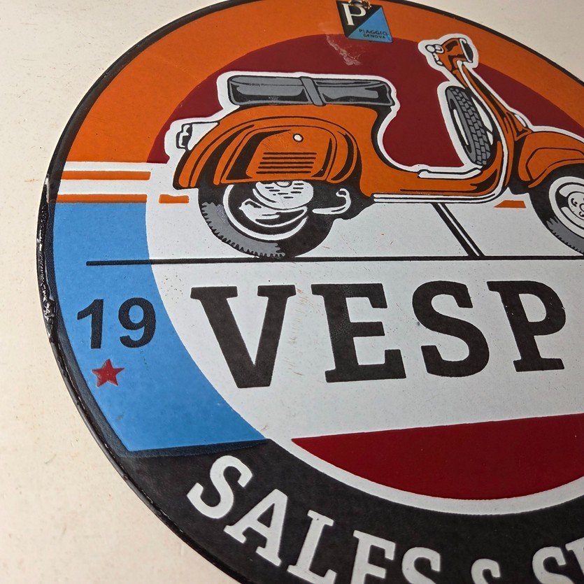 Vintage Vespa Sign - Gas Bike Motorcycle Pump Service Porcelain Sign - Image 6