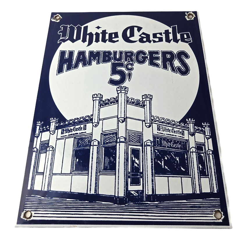 Vintage White Castle Porcelain Sign - Food Burgers Restaurant Drive Thru Sign