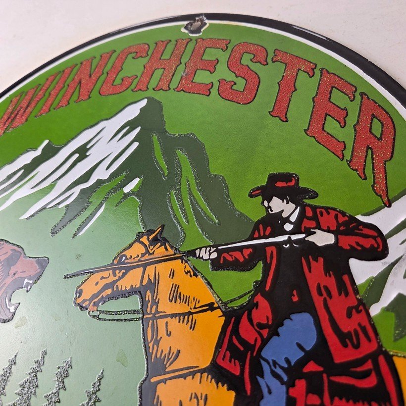 Vintage Winchester Porcelain Sign - Hunting Advertisement Cowboy and Bear Sign - Image 12