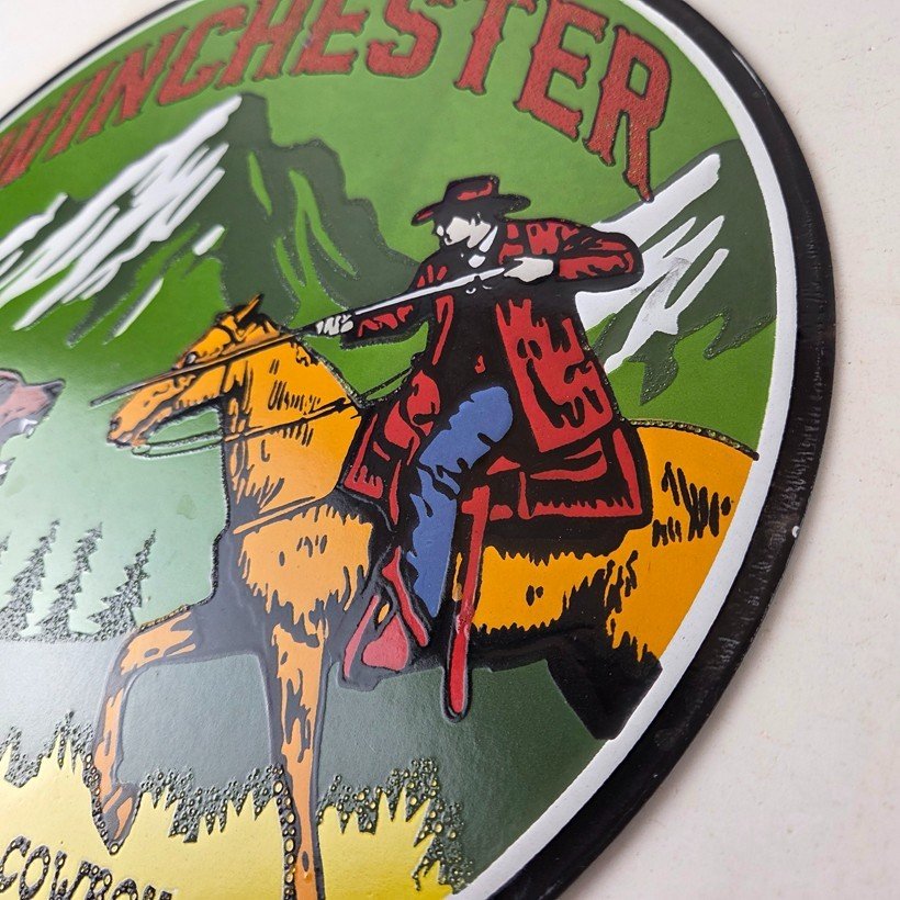 Vintage Winchester Porcelain Sign - Hunting Advertisement Cowboy and Bear Sign - Image 13