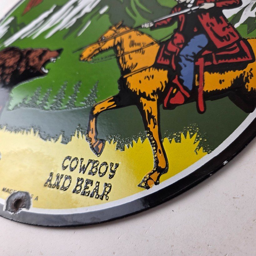 Vintage Winchester Porcelain Sign - Hunting Advertisement Cowboy and Bear Sign - Image 14