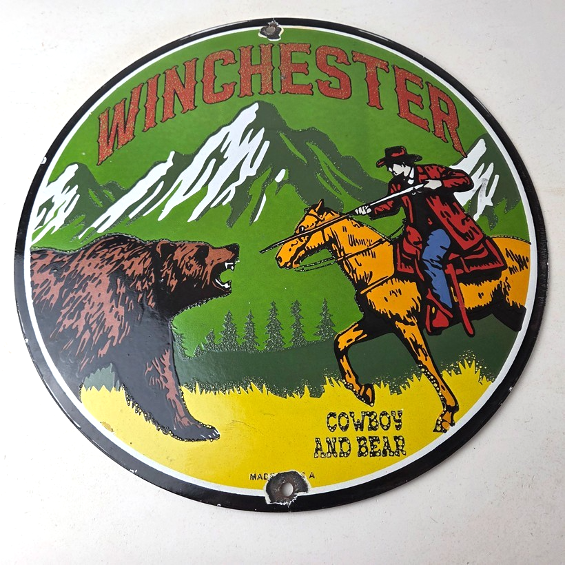 Vintage Winchester Porcelain Sign - Hunting Advertisement Cowboy and Bear Sign - Image 15