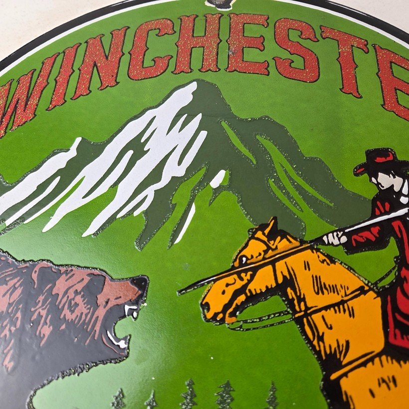 Vintage Winchester Porcelain Sign - Hunting Advertisement Cowboy and Bear Sign - Image 3