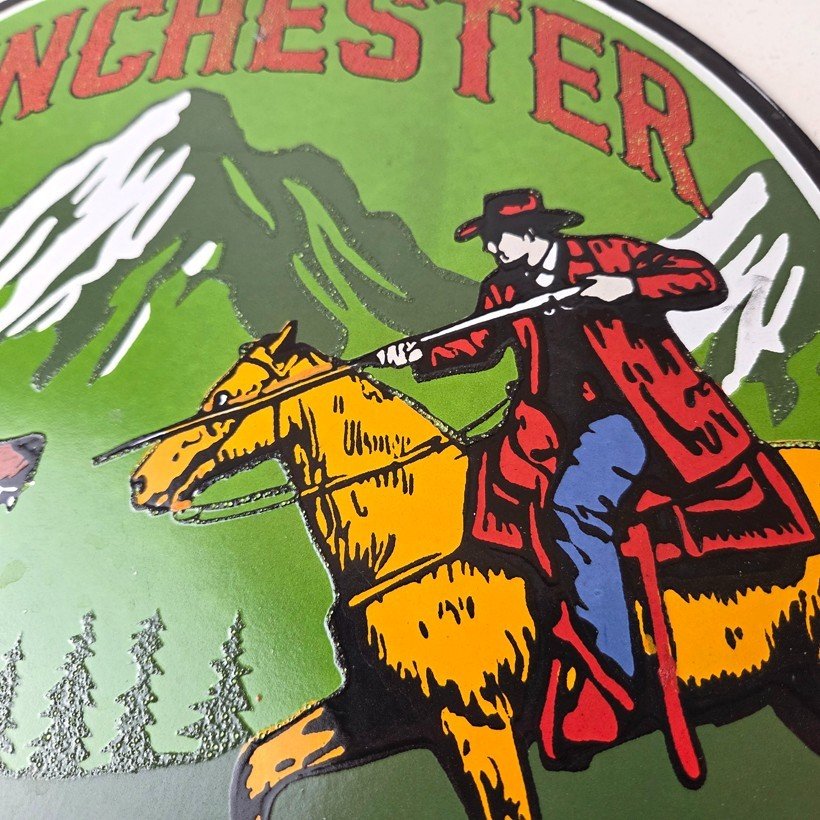 Vintage Winchester Porcelain Sign - Hunting Advertisement Cowboy and Bear Sign - Image 4
