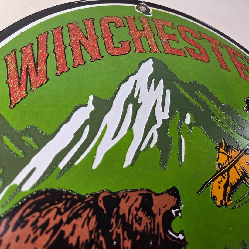 Vintage Winchester Porcelain Sign - Hunting Advertisement Cowboy and Bear Sign - Image 5
