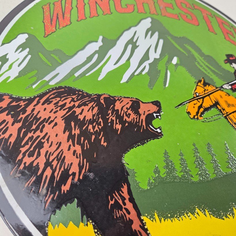 Vintage Winchester Porcelain Sign - Hunting Advertisement Cowboy and Bear Sign - Image 6