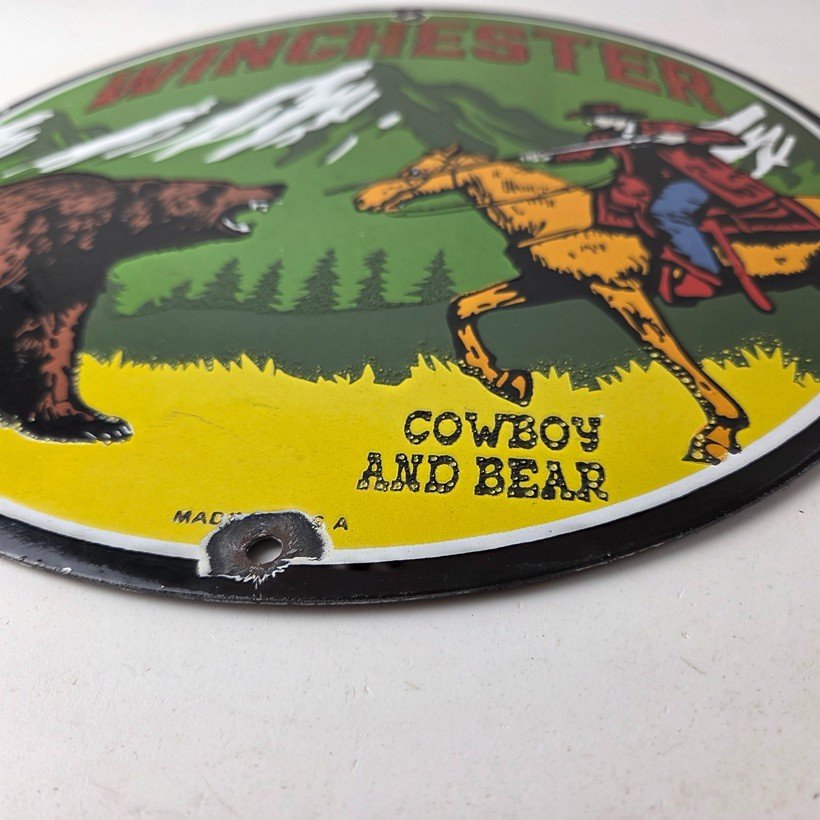 Vintage Winchester Porcelain Sign - Hunting Advertisement Cowboy and Bear Sign - Image 10