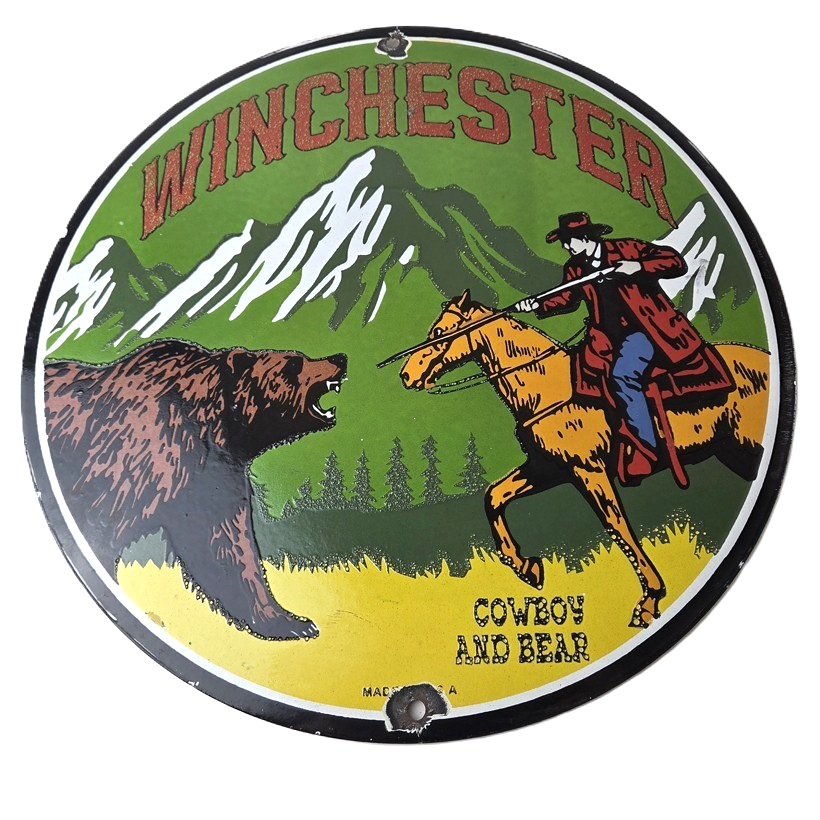 Vintage Winchester Porcelain Sign - Hunting Advertisement Cowboy and Bear Sign